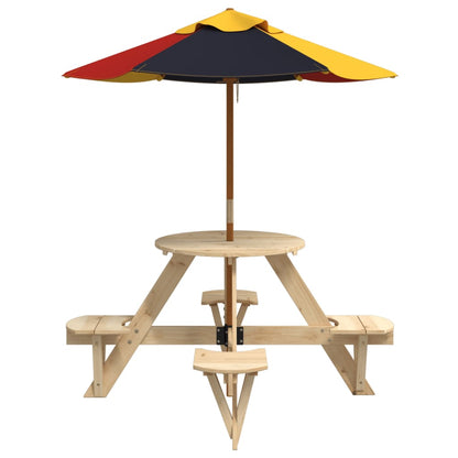vidaXL Picnic Table for 4 Kids with Umbrella Round Solid Wood Fir - Brown