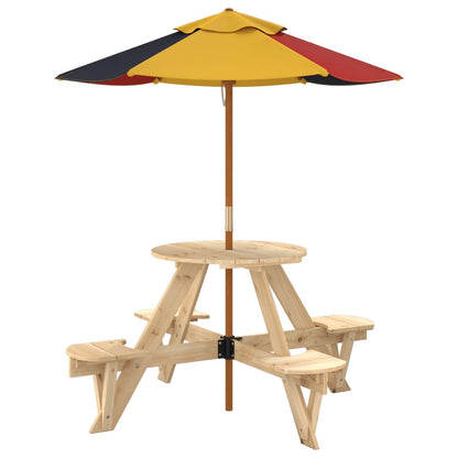 vidaXL Picnic Table for 4 Kids with Umbrella Round Solid Wood Fir - Brown