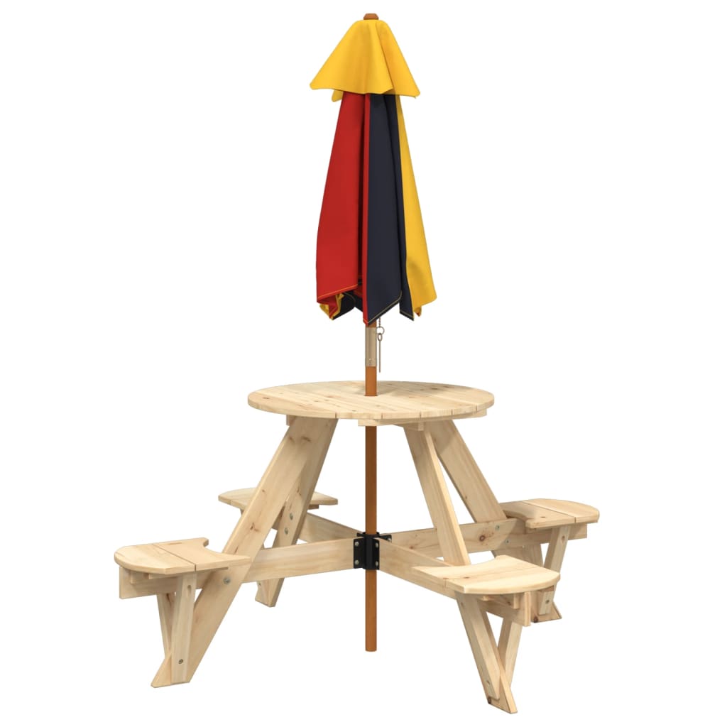 vidaXL Picnic Table for 4 Kids with Umbrella Round Solid Wood Fir - Brown
