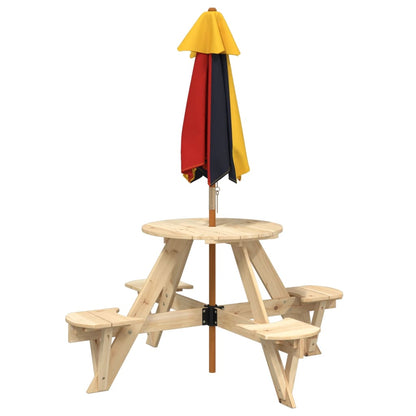 vidaXL Picnic Table for 4 Kids with Umbrella Round Solid Wood Fir - Brown