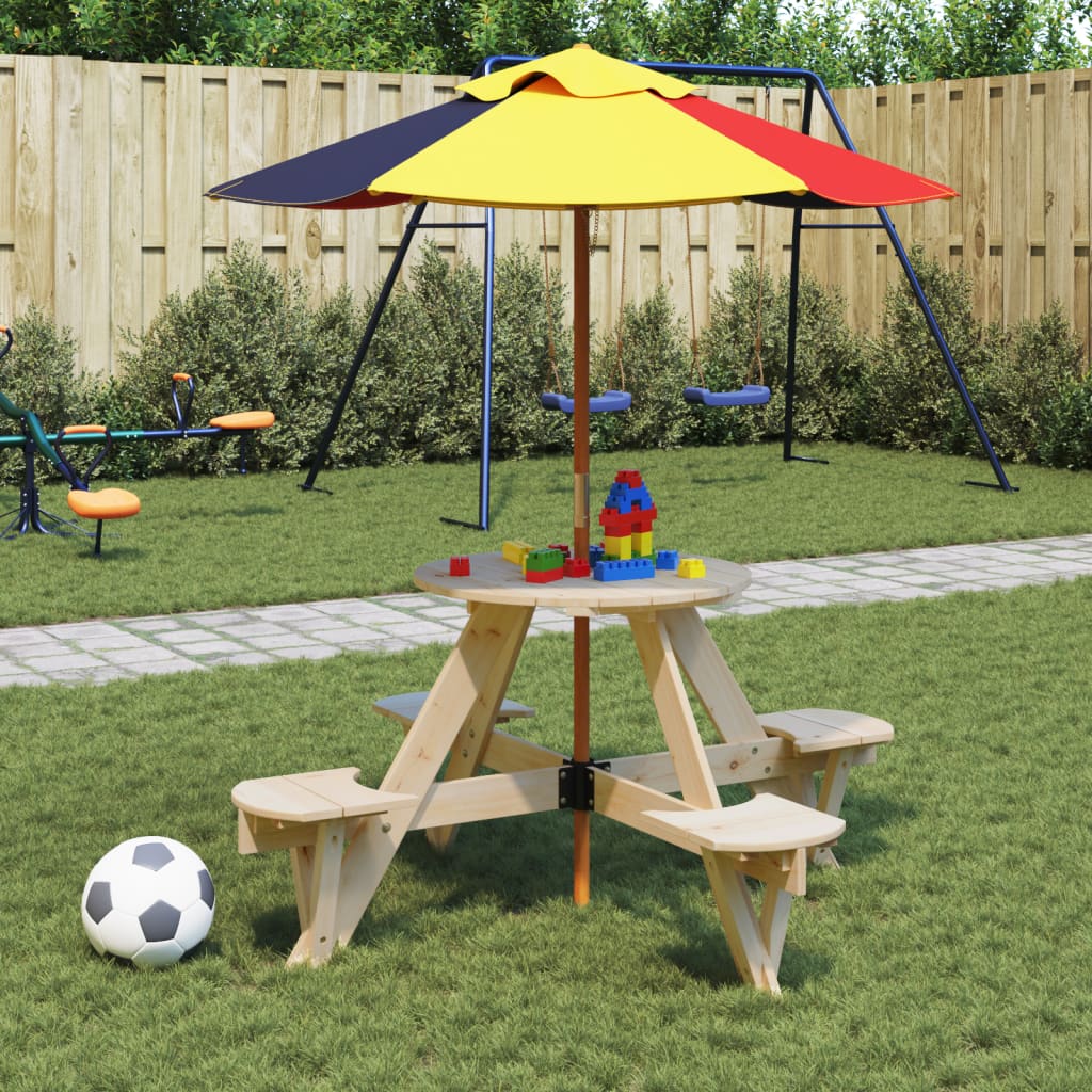 vidaXL Picnic Table for 4 Kids with Umbrella Round Solid Wood Fir - Brown