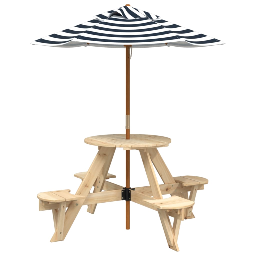 vidaXL Picnic Table for 4 Kids with Umbrella Round Solid Wood Fir - Brown - 24733