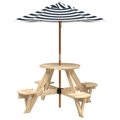vidaXL Picnic Table for 4 Kids with Umbrella Round Solid Wood Fir - Brown - 24733