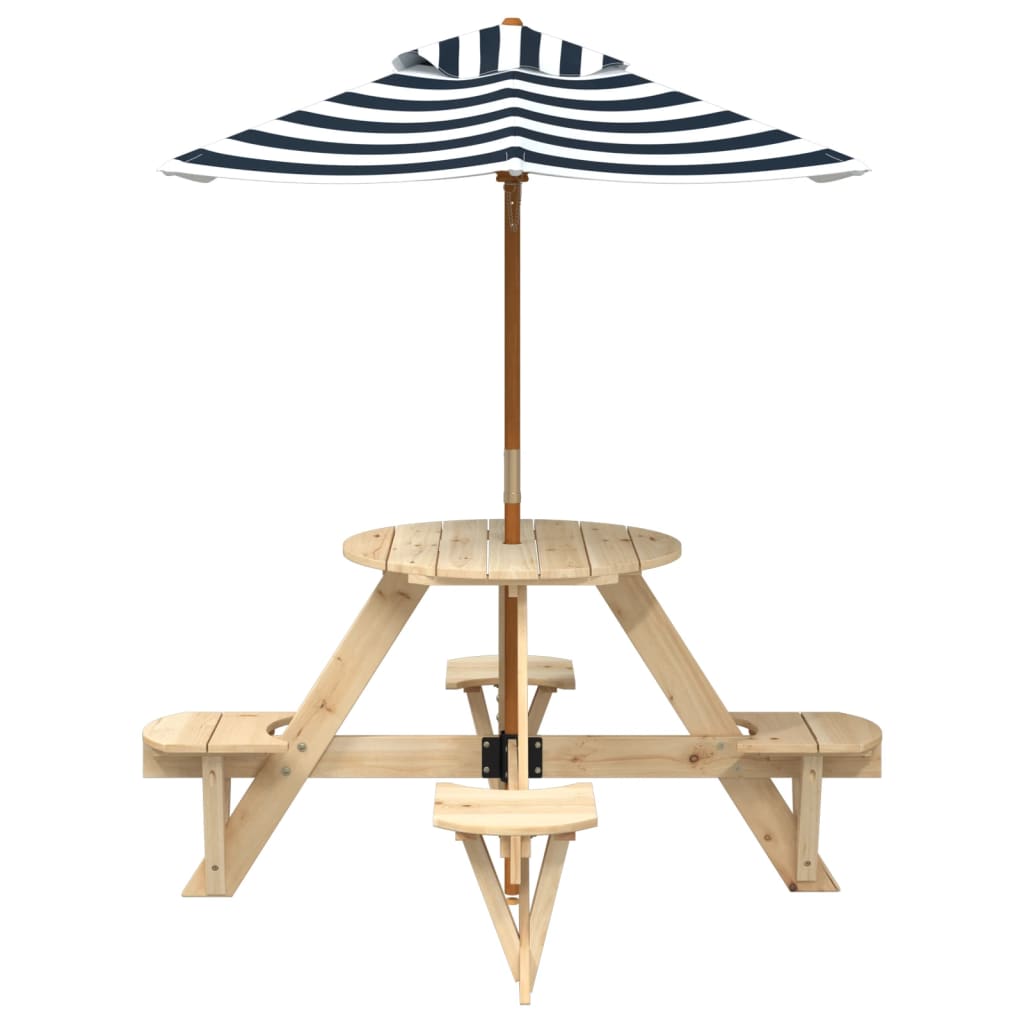 vidaXL Picnic Table for 4 Kids with Umbrella Round Solid Wood Fir - Brown - 24733