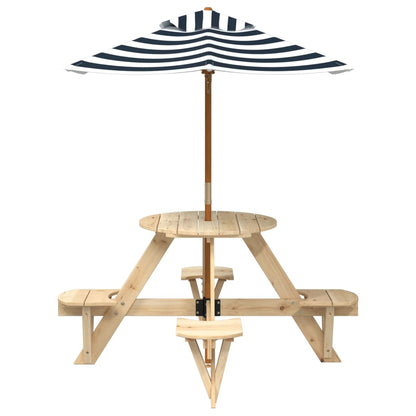 vidaXL Picnic Table for 4 Kids with Umbrella Round Solid Wood Fir - Brown - 24733