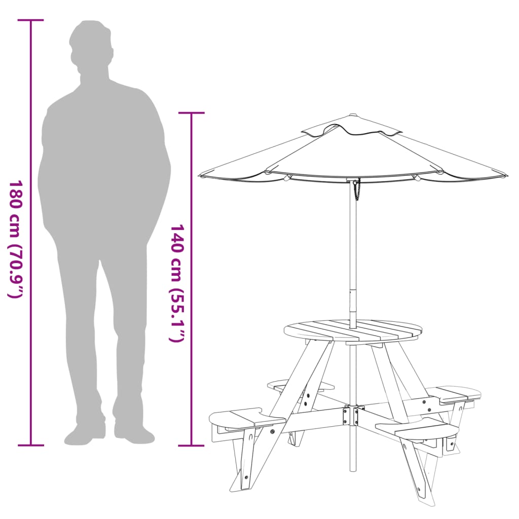 vidaXL Picnic Table for 4 Kids with Umbrella Round Solid Wood Fir - Brown - 24733