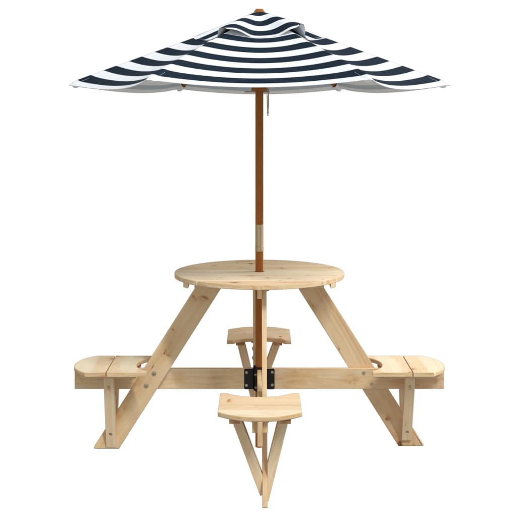 vidaXL Picnic Table for 4 Kids with Umbrella Round Solid Wood Fir - Brown - 24733