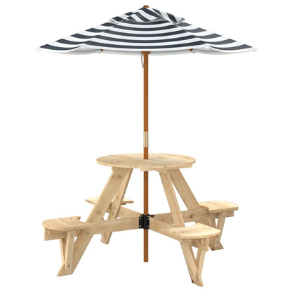 vidaXL Picnic Table for 4 Kids with Umbrella Round Solid Wood Fir - Brown - 24733