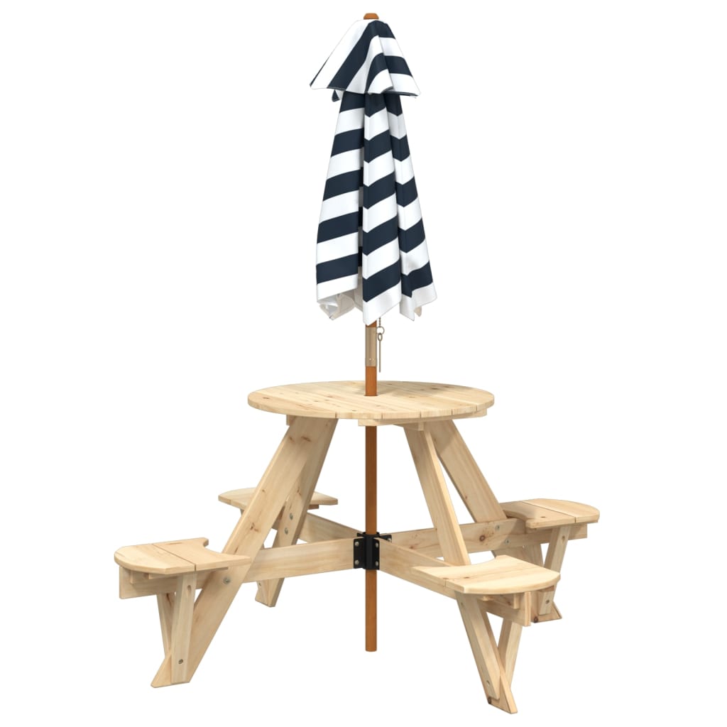 vidaXL Picnic Table for 4 Kids with Umbrella Round Solid Wood Fir - Brown - 24733