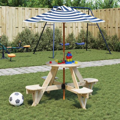 vidaXL Picnic Table for 4 Kids with Umbrella Round Solid Wood Fir - Brown - 24733