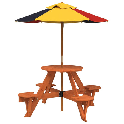 vidaXL Picnic Table for 4 Kids with Umbrella Round Solid Wood Fir - Brown - 24736