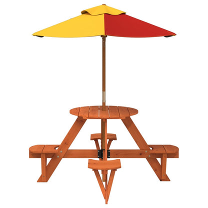 vidaXL Picnic Table for 4 Kids with Umbrella Round Solid Wood Fir - Brown - 24736