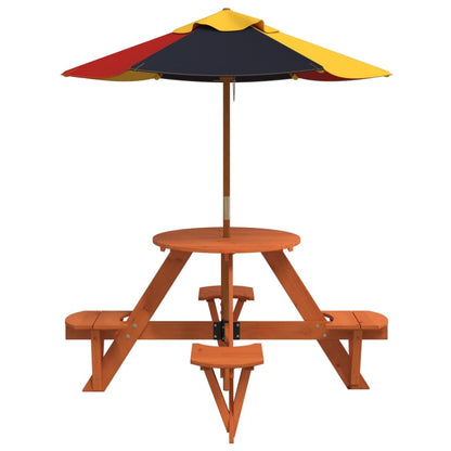 vidaXL Picnic Table for 4 Kids with Umbrella Round Solid Wood Fir - Brown - 24736