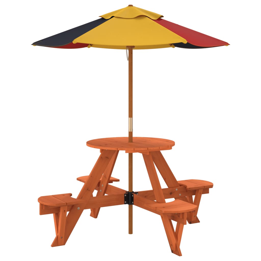vidaXL Picnic Table for 4 Kids with Umbrella Round Solid Wood Fir - Brown - 24736