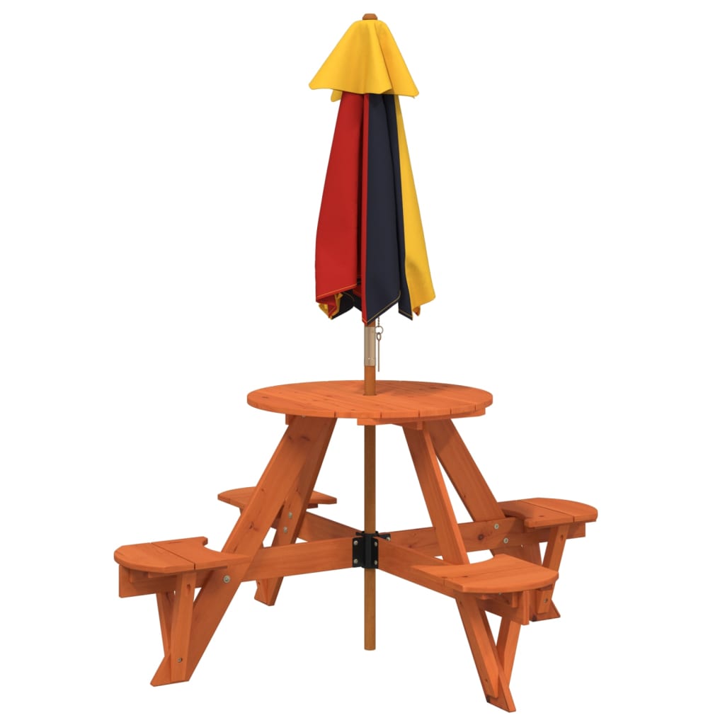 vidaXL Picnic Table for 4 Kids with Umbrella Round Solid Wood Fir - Brown - 24736