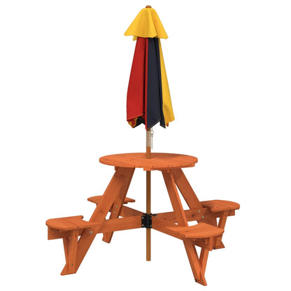 vidaXL Picnic Table for 4 Kids with Umbrella Round Solid Wood Fir - Brown - 24736
