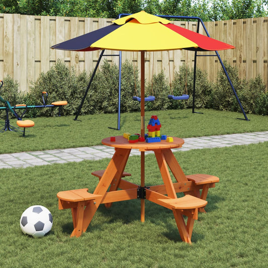 vidaXL Picnic Table for 4 Kids with Umbrella Round Solid Wood Fir - Brown - 24736