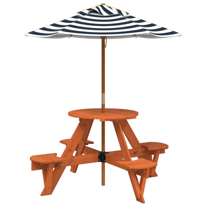 vidaXL Picnic Table for 4 Kids with Umbrella Round Solid Wood Fir - Brown - 24745