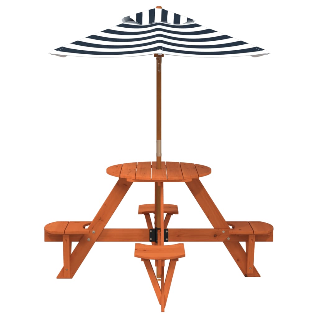 vidaXL Picnic Table for 4 Kids with Umbrella Round Solid Wood Fir - Brown - 24745