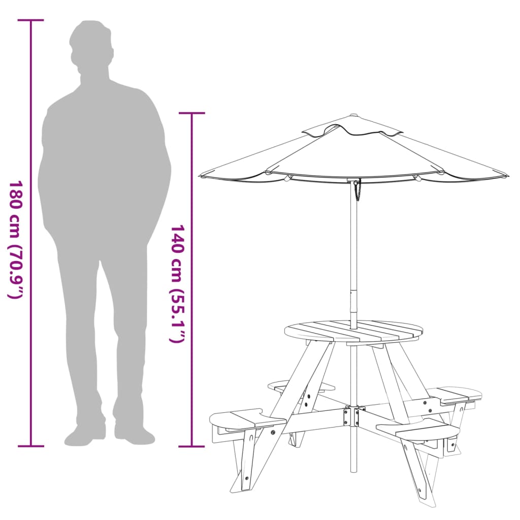 vidaXL Picnic Table for 4 Kids with Umbrella Round Solid Wood Fir - Brown - 24745