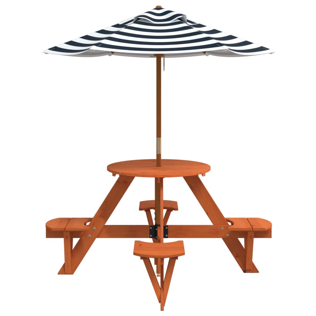 vidaXL Picnic Table for 4 Kids with Umbrella Round Solid Wood Fir - Brown - 24745