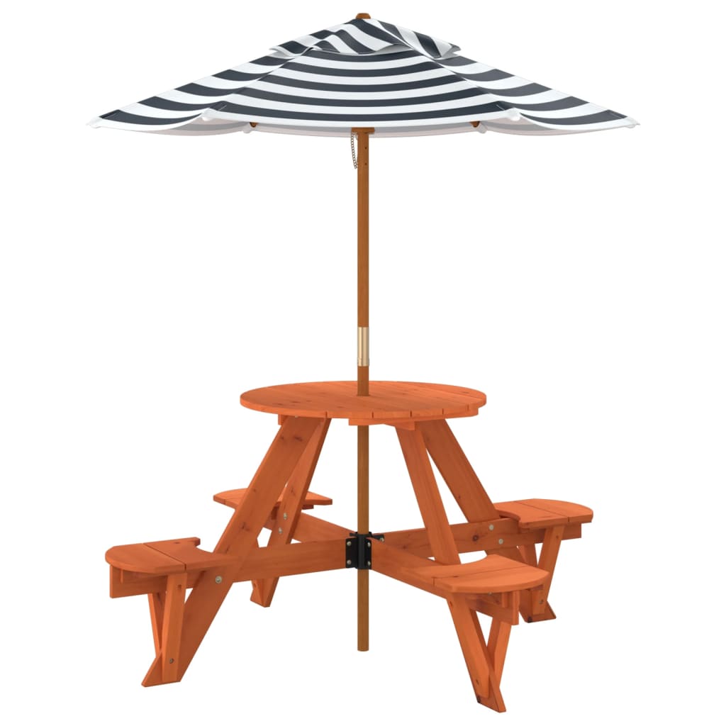 vidaXL Picnic Table for 4 Kids with Umbrella Round Solid Wood Fir - Brown - 24745