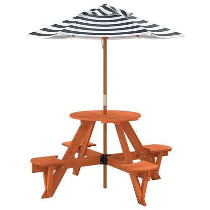 vidaXL Picnic Table for 4 Kids with Umbrella Round Solid Wood Fir - Brown - 24745