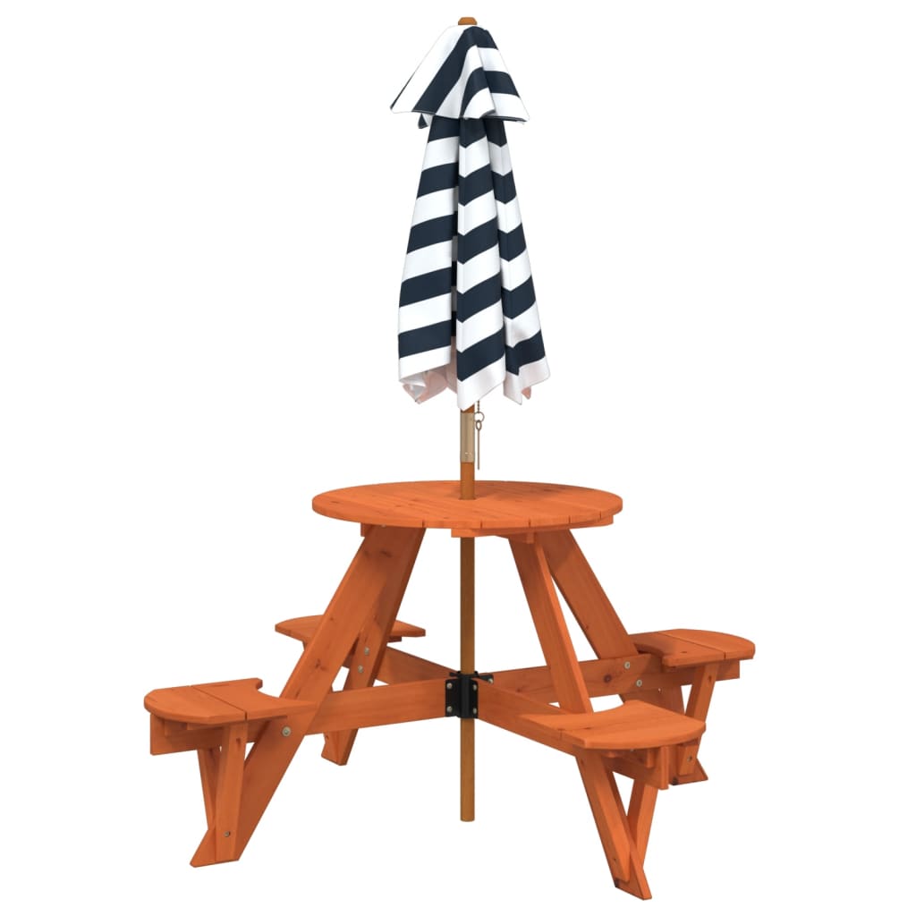 vidaXL Picnic Table for 4 Kids with Umbrella Round Solid Wood Fir - Brown - 24745