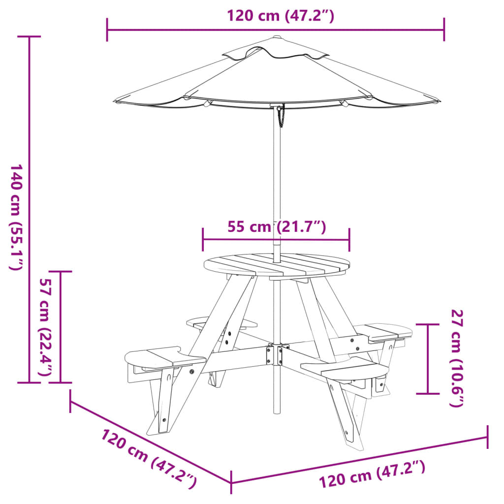 vidaXL Picnic Table for 4 Kids with Umbrella Round Solid Wood Fir - Brown - 24745