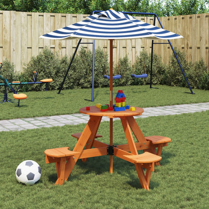 vidaXL Picnic Table for 4 Kids with Umbrella Round Solid Wood Fir - Brown - 24745