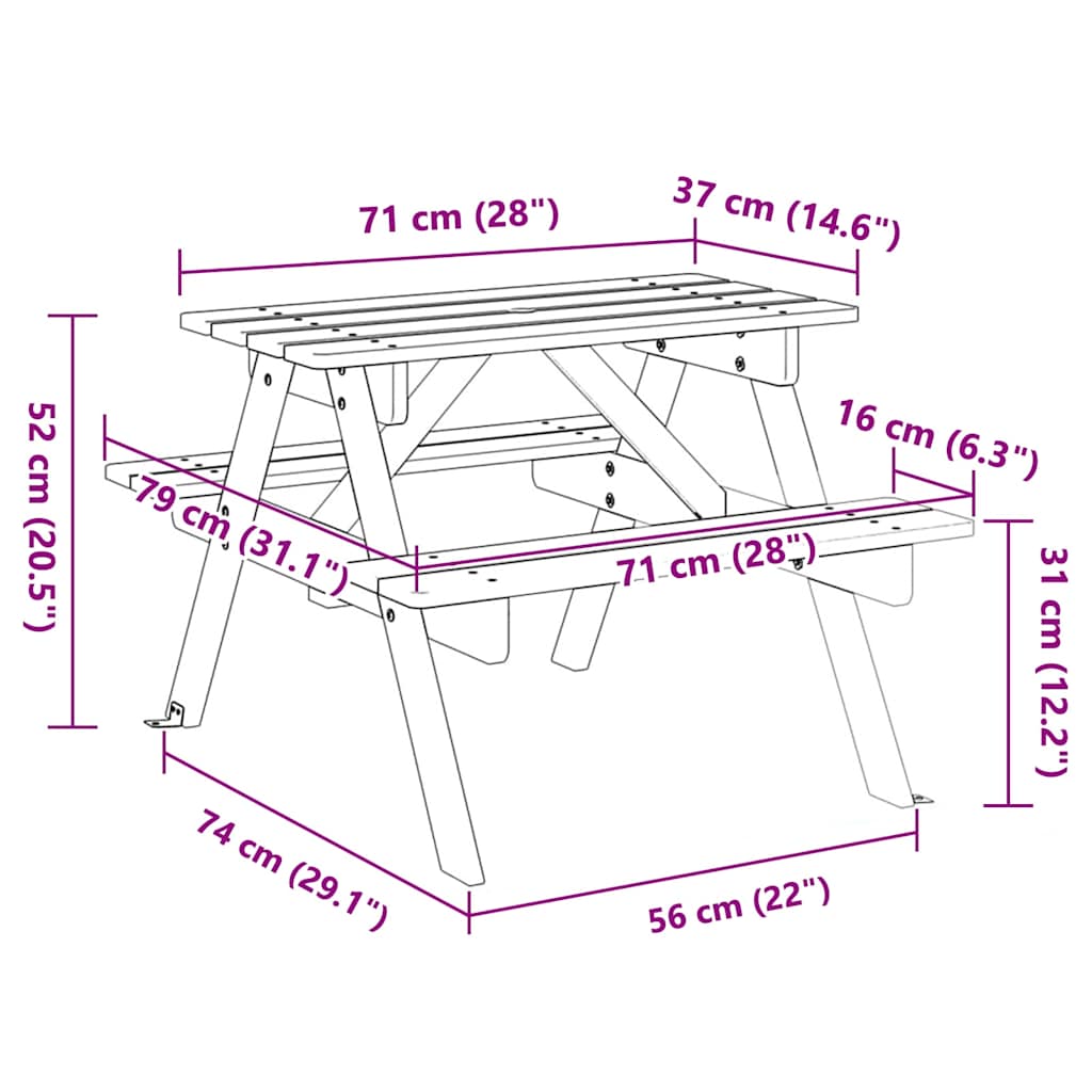 vidaXL Picnic Table for 4 Kids with Umbrella Hole Solid Wood Fir - Brown