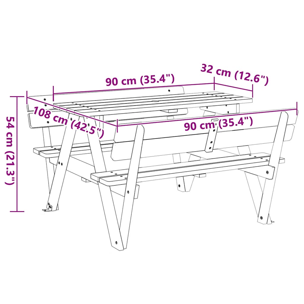 vidaXL Picnic Table for 4 Kids with Umbrella Hole Solid Wood Fir - Brown - 26224