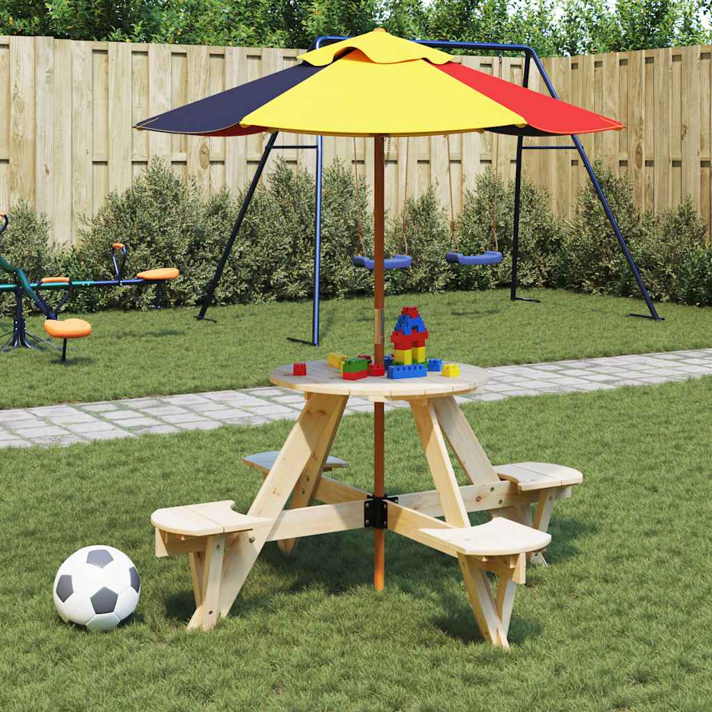 vidaXL Picnic Table for 4 Kids with Umbrella Hole Round Solid Wood Fir - Brown