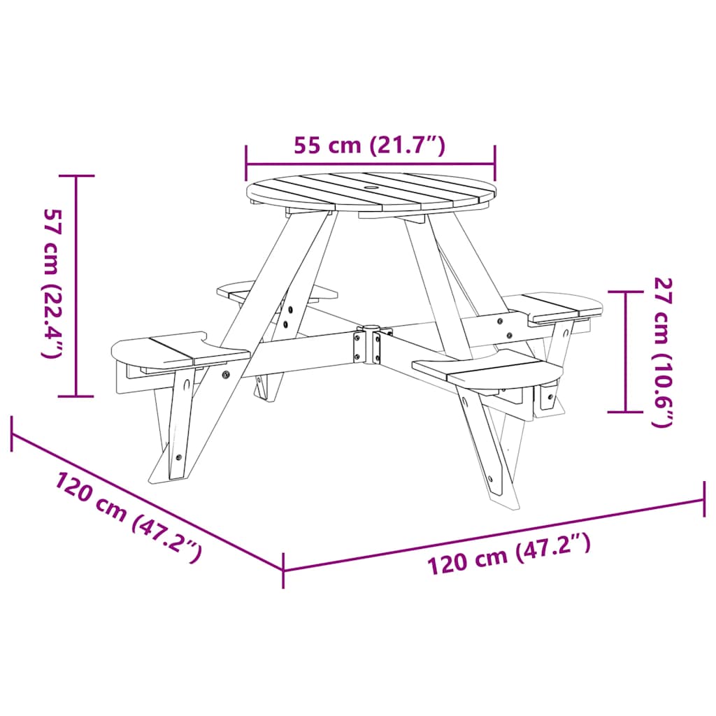 vidaXL Picnic Table for 4 Kids with Umbrella Hole Round Solid Wood Fir - Brown