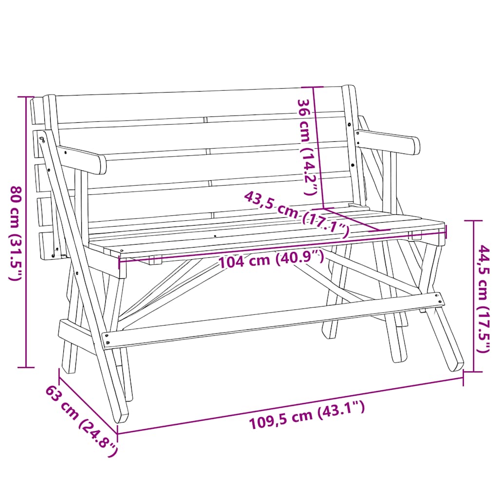 vidaXL Picnic Table with Benches Solid Wood Fir 2-in-1 Convertible - Brown - 26244
