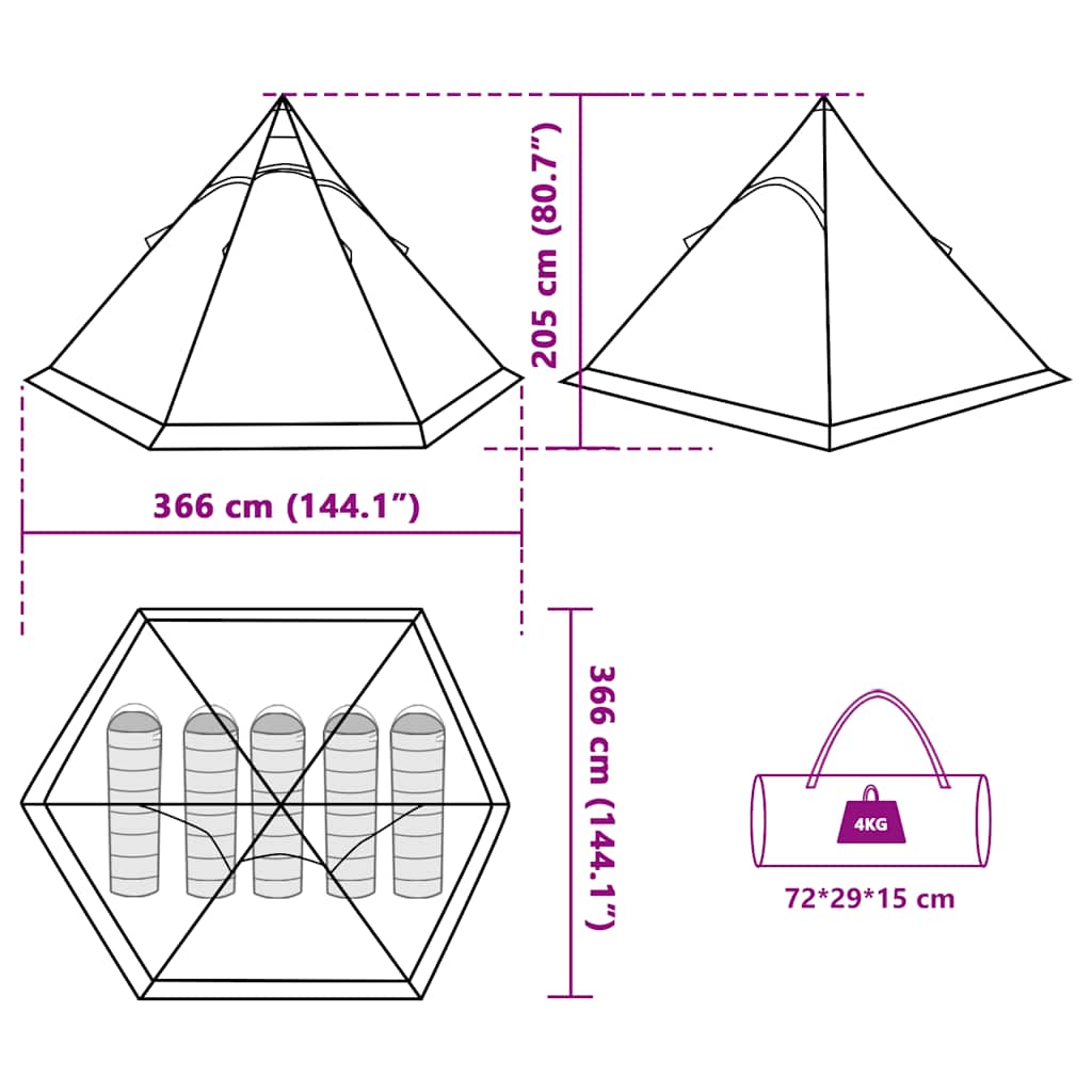 vidaXL Camping Tent Tipi 5-Person Green Waterproof