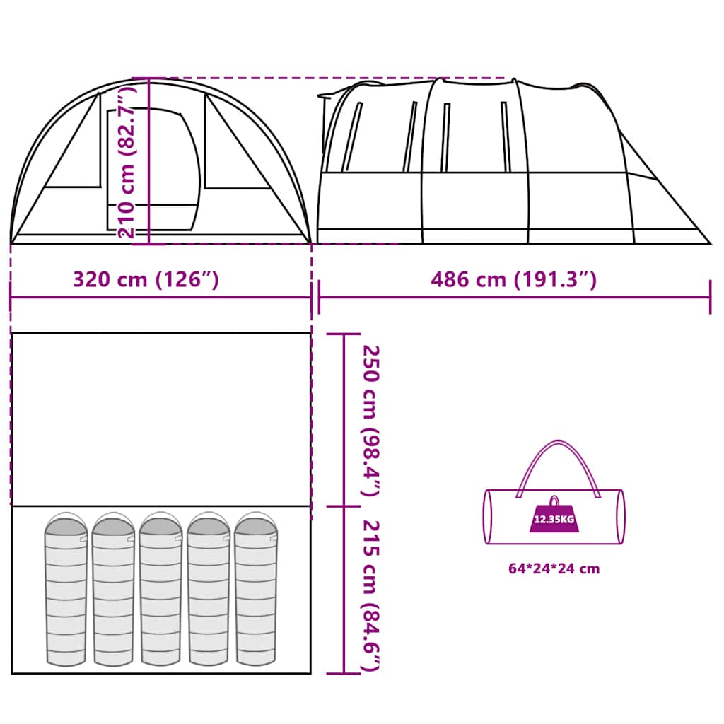 vidaXL Camping Tent Tunnel 5-Person Green Waterproof