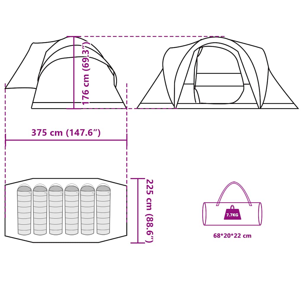 vidaXL Family Tent Dome 6-Person Olive Green Waterproof - 375 x 225 x 176 cm