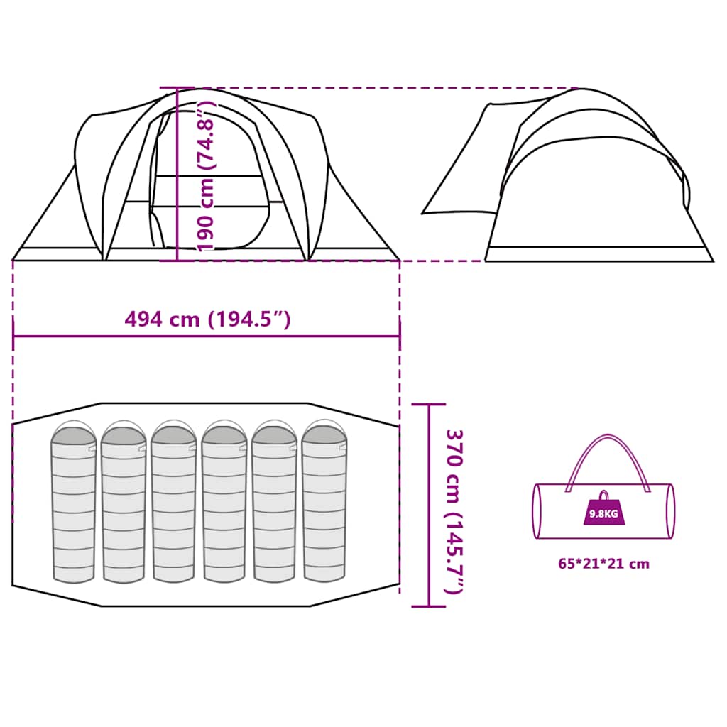 vidaXL Family Tent Dome 6-Person Olive Green Waterproof - 494 x 370 x 190 cm