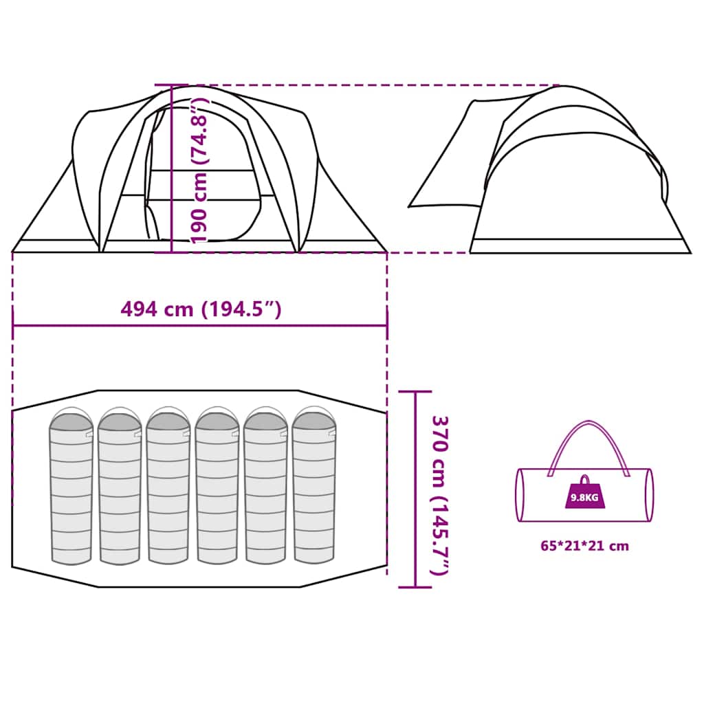 vidaXL Family Tent Dome 6-Person Brown Waterproof - 494 x 370 x 190 cm