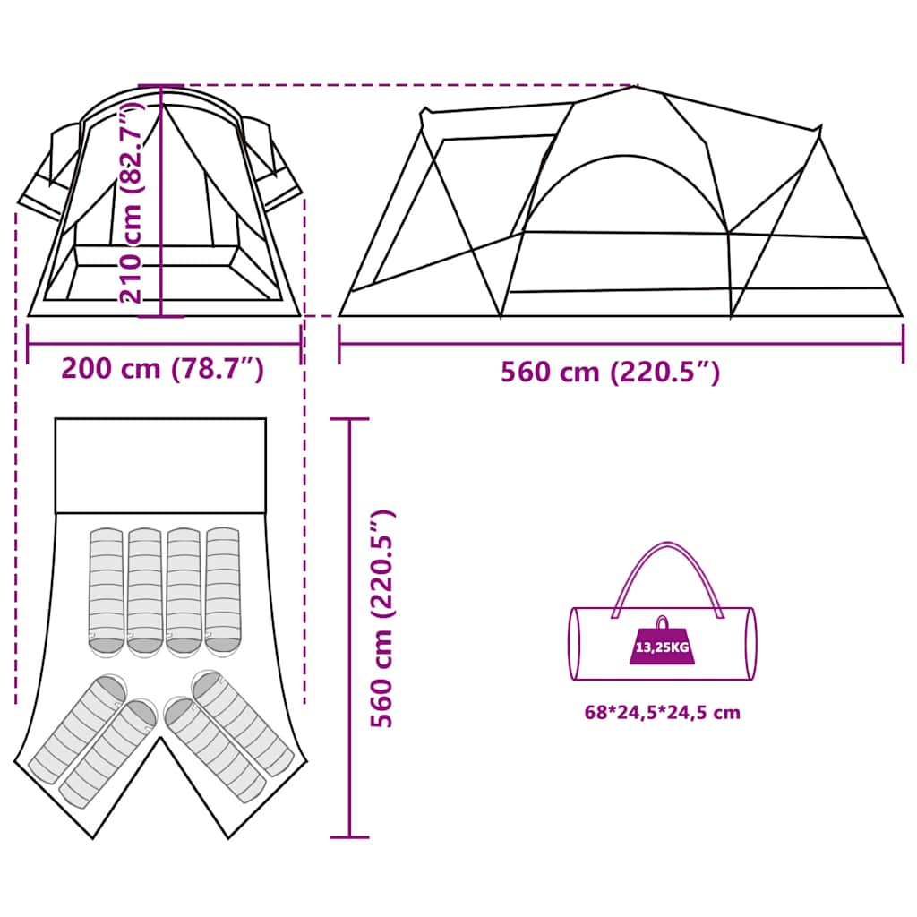 vidaXL Family Tent Tunnel 8-Person Grey and Orange Waterproof - 37493