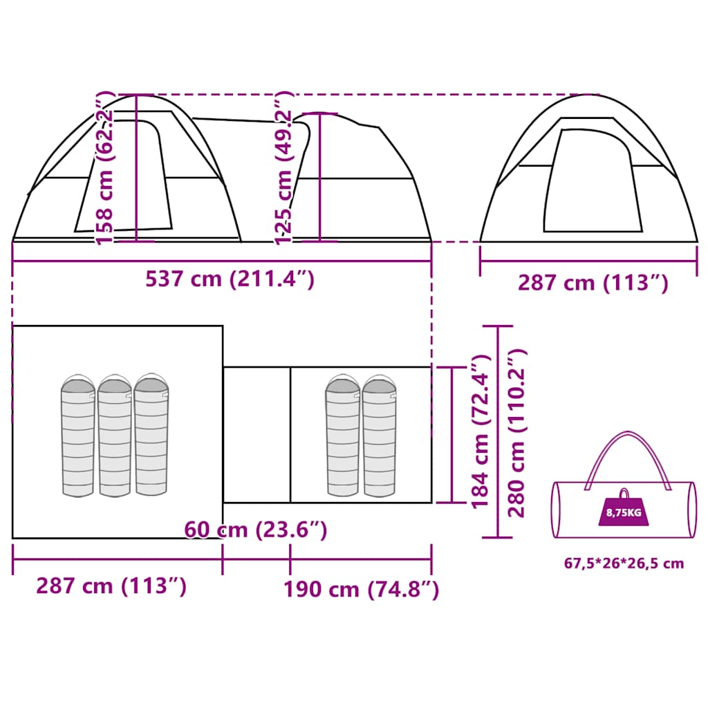 vidaXL Camping Tent 5-Person White Blackout Fabric Waterproof