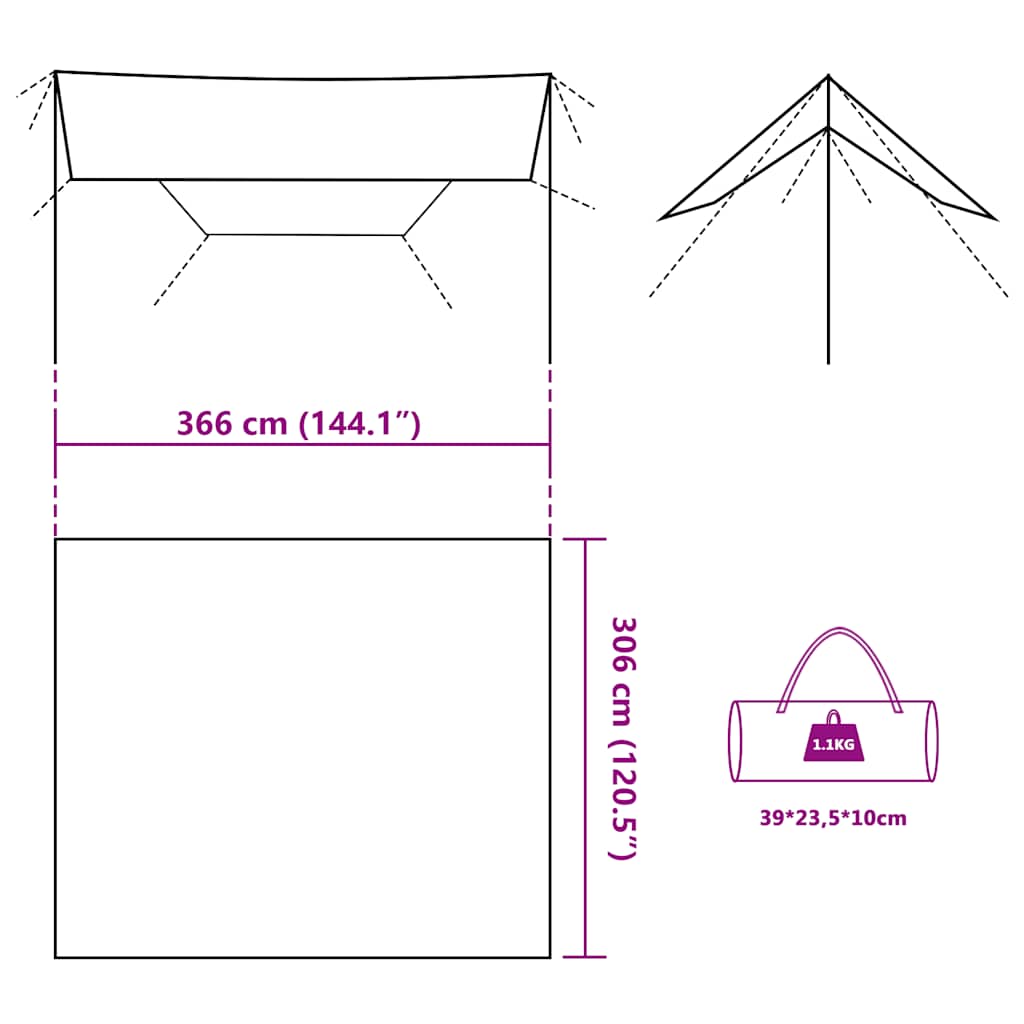 vidaXL Camping Tarp Camouflage 366x306 cm Waterproof - Green