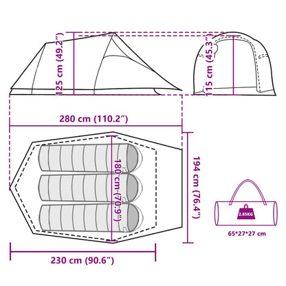 vidaXL Camping Tent Tunnel 3-Person Olive Green Waterproof