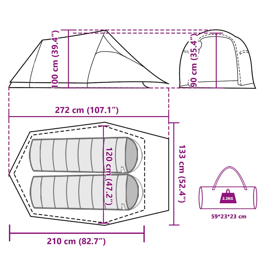 vidaXL Camping Tent Tunnel 2-Person Olive Green Waterproof