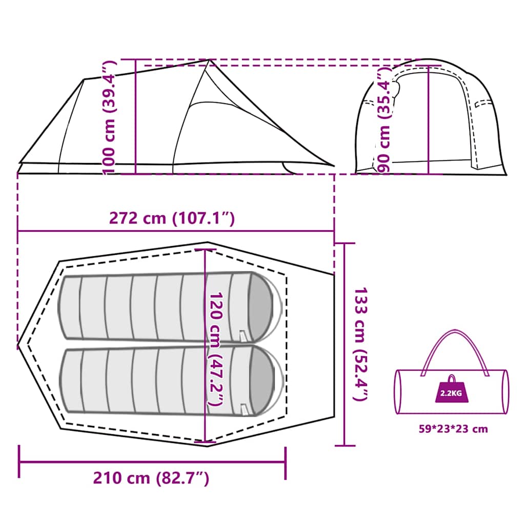 vidaXL Camping Tent Tunnel 2-Person Brown Waterproof
