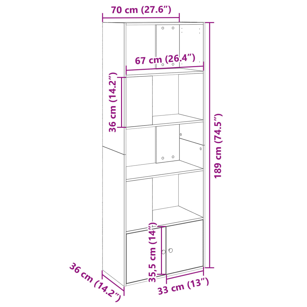 vidaXL Bookcase Smoked Oak 70x36x189 cm Engineered Wood - Brown