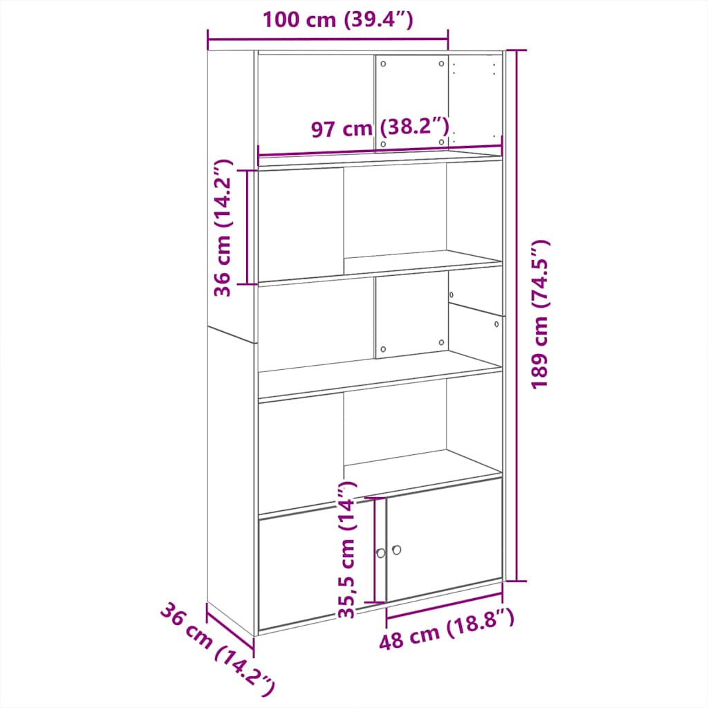 vidaXL Bookcase Sonoma Oak 100x36x189 cm Engineered Wood - Brown