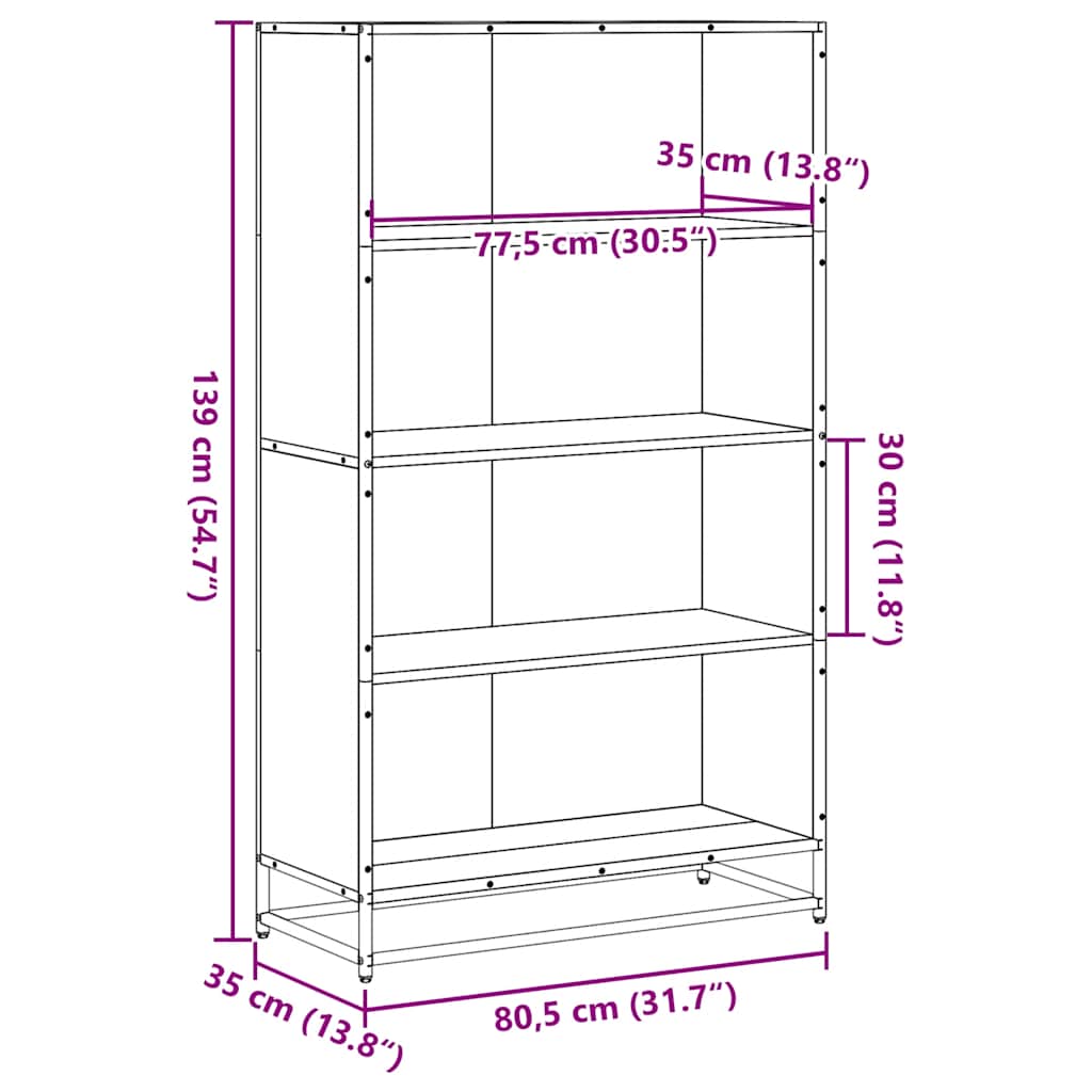 vidaXL Bookcase Sonoma Oak 80.5x35x139 cm Engineered Wood - Brown