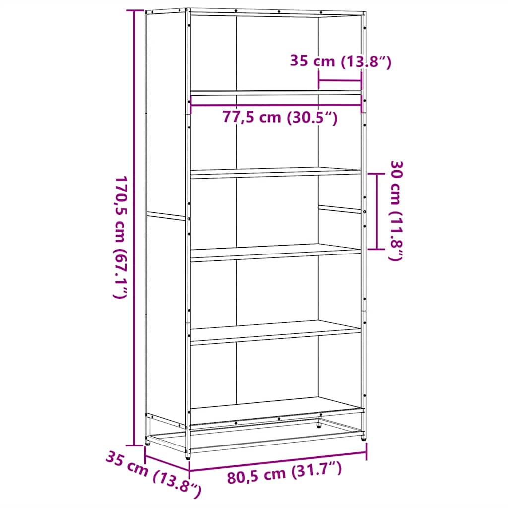 vidaXL Bookcase Smoked Oak 80.5x35x170.5 cm Engineered Wood - Brown